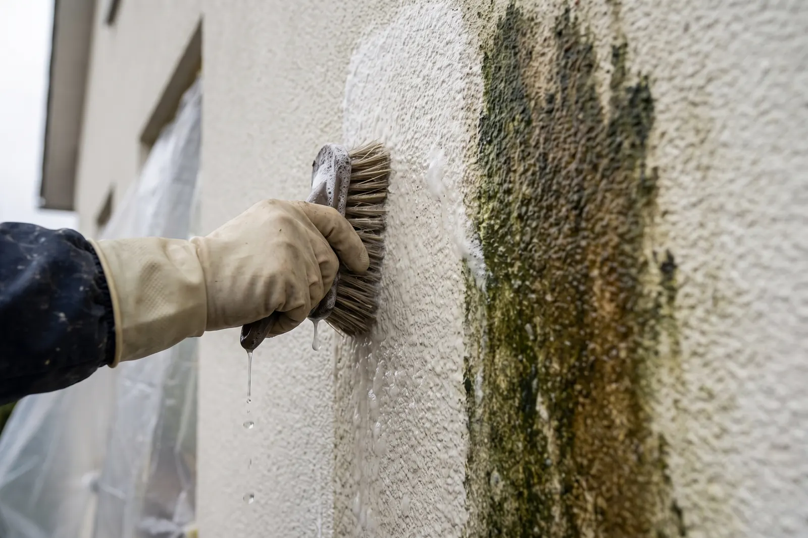 Algen werden mit einer Bürste von einer gedämmten Fassade entfernt